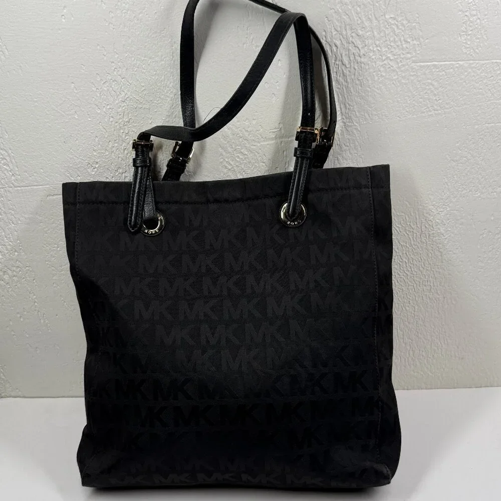 MICHAEL Michael Kors Jet Set Tote Black Monogram Nylon with Leather Straps